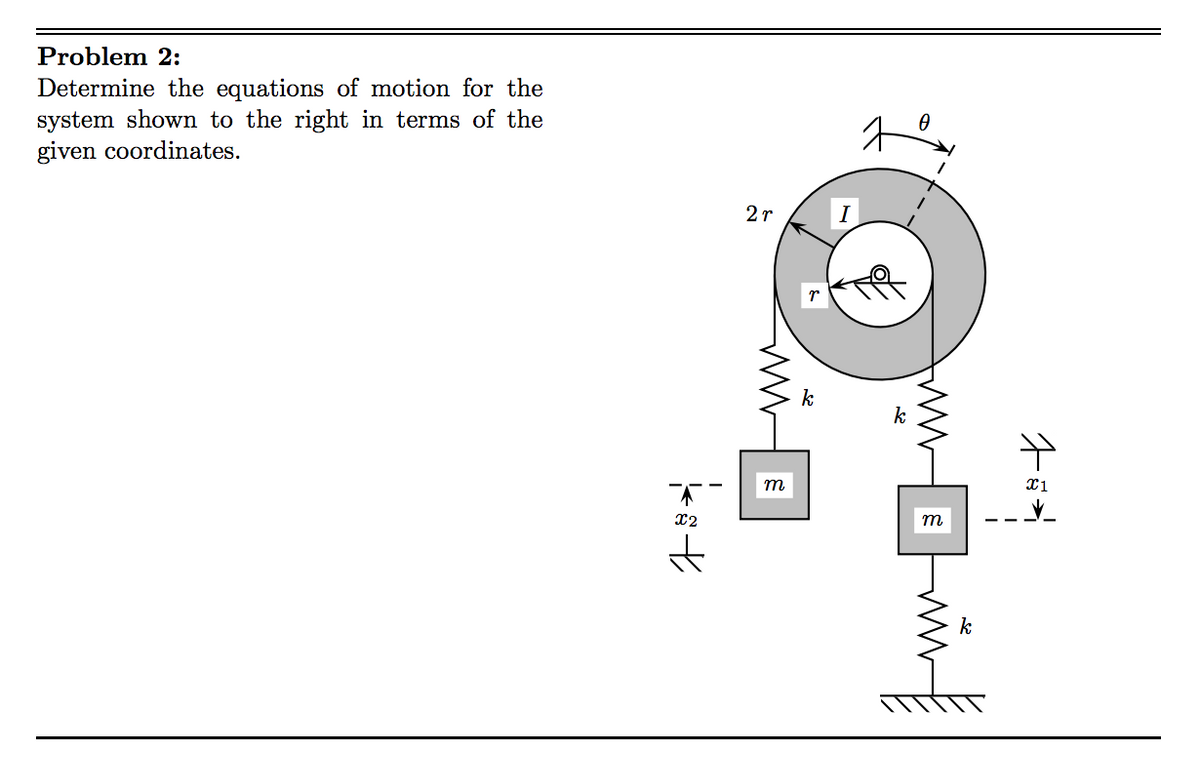 Problem 2:
Determine the equations of motion for the
system shown to the right in terms of the
given coordinates.
kat
x2
2r
WE
m
r
k
I
k
0
WWE
ww
k
ܠܠ
X1