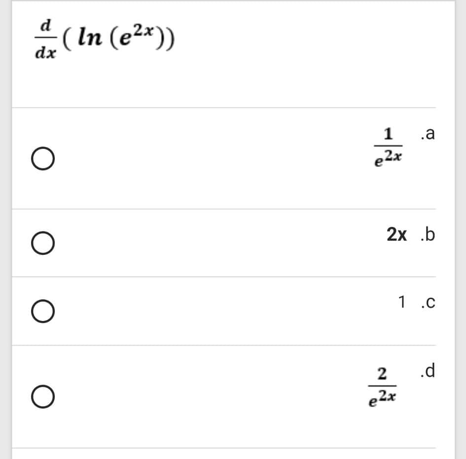 d
으(In (e2x))
dx
1
1 .a
e2x
2х .b
1 .c
2
.d
e2x
O O
