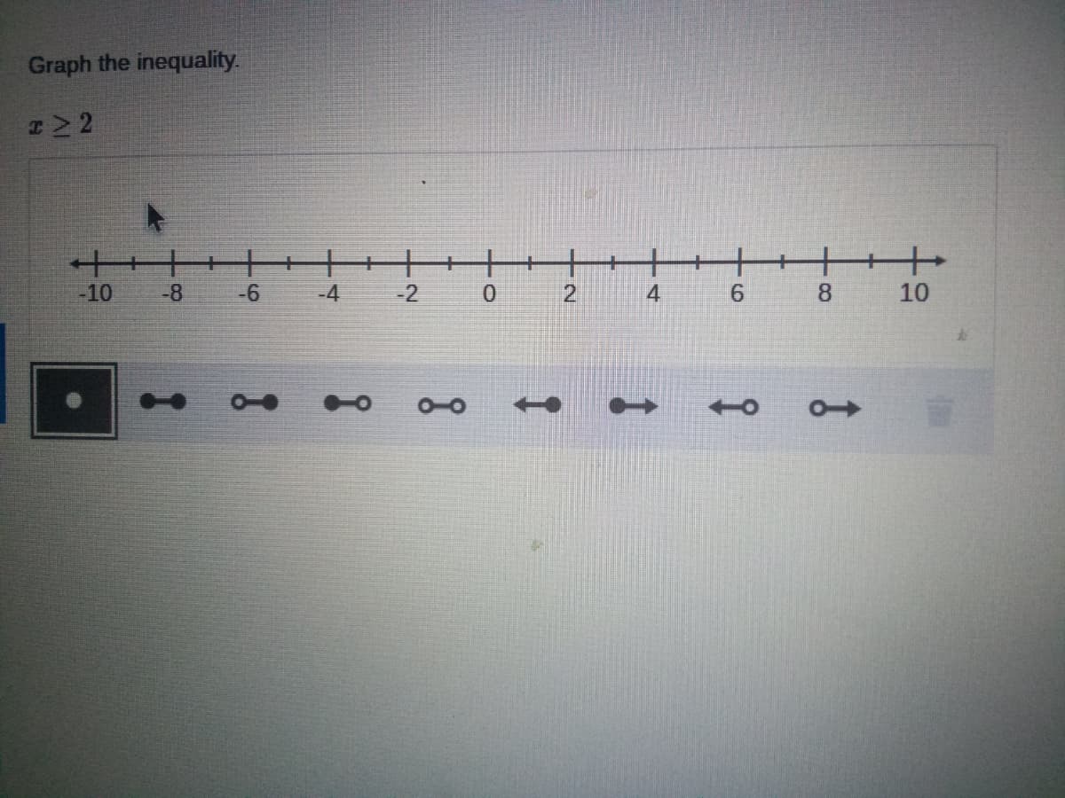 Graph the inequality.
-10
-8
-6
-4
-2
4.
8
10
6.
