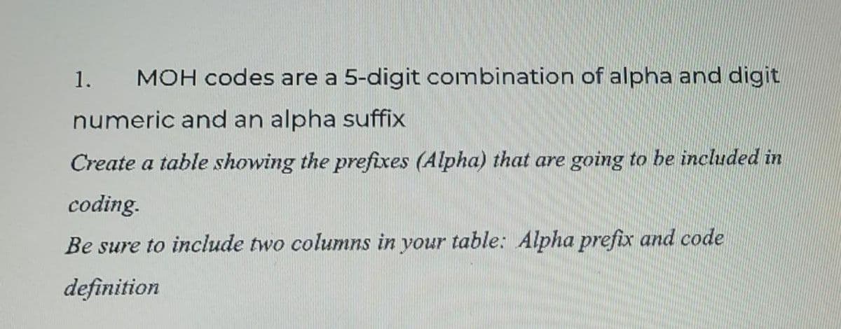 1.
MOH codes are a 5-digit combination of alpha and digit
numeric and an alpha suffix
Create a table showing the prefixes (Alpha) that are going to be included in
coding.
Be sure to include two columns in your table: Alpha prefix and code
definition
