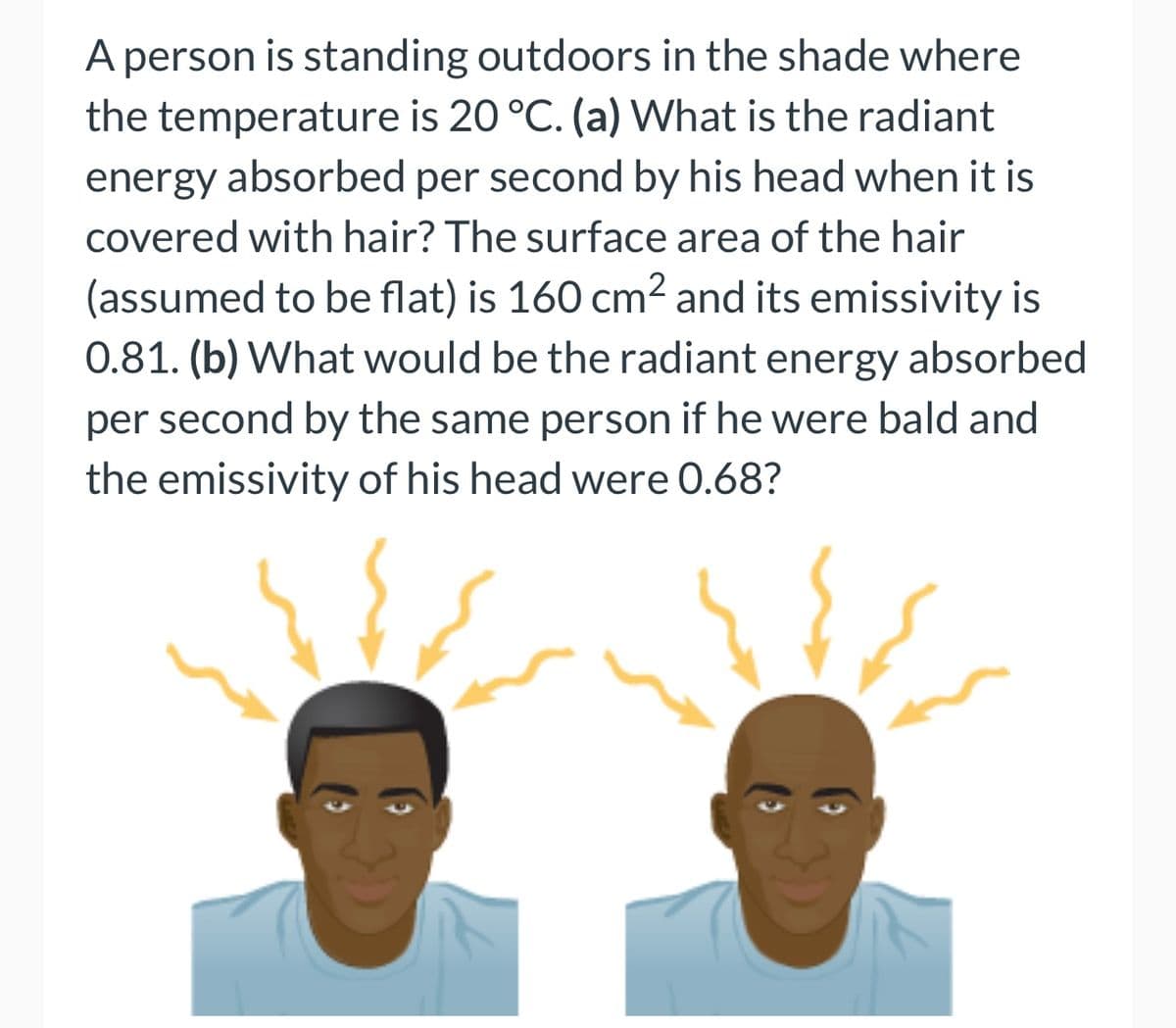 A person is standing outdoors in the shade where
the temperature is 20 °C. (a) What is the radiant
energy absorbed per second by his head when it is
covered with hair? The surface area of the hair
(assumed to be flat) is 160 cm² and its emissivity is
0.81. (b) What would be the radiant energy absorbed
per second by the same person if he were bald and
the emissivity of his head were 0.68?