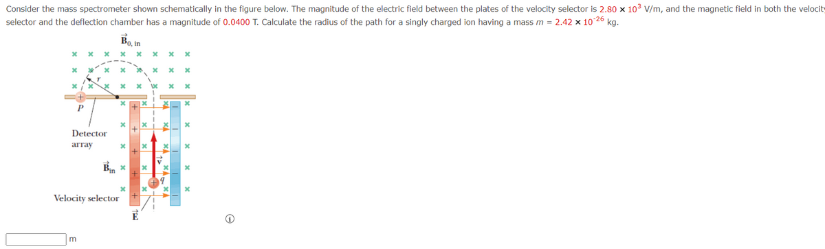 Consider the mass spectrometer shown schematically in the figure below. The magnitude of the electric field between the plates of the velocity selector is 2.80 x 103 V/m, and the magnetic field in both the velocity
selector and the deflection chamber has a magnitude of 0.0400 T. Calculate the radius of the path for a singly charged ion having a mass m = 2.42 × 10 26 kg.
Bo, in
P
Detector
array
Bin *
Velocity selector
m
+ 1E
