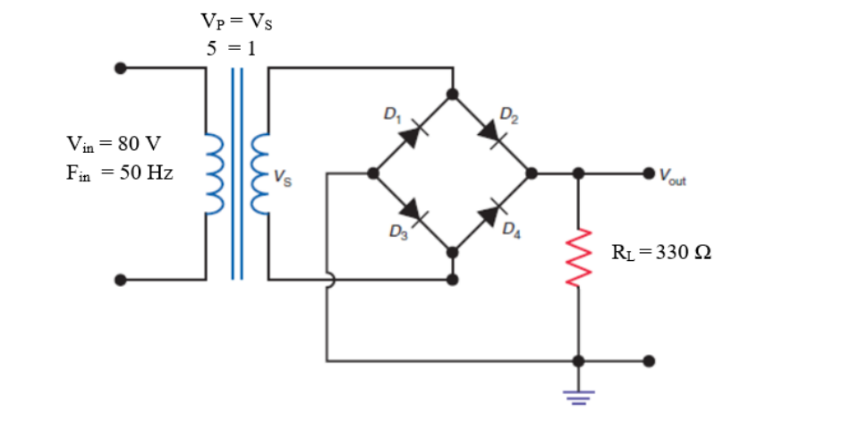 Vp = Vs
5 = 1
D,
D2
Vin = 80 V
Vout
Fin = 50 Hz
DA
D3
RL = 330 Q
