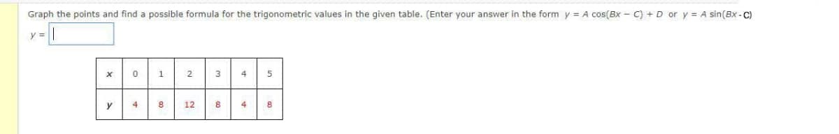 Graph the points and find a possible formula for the trigonometric values in the given table. (Enter your answer in the form y = A cos(Bx - C) +D or y = A sin(Bx - C)
y =
1
2
4
y
4
12
4

