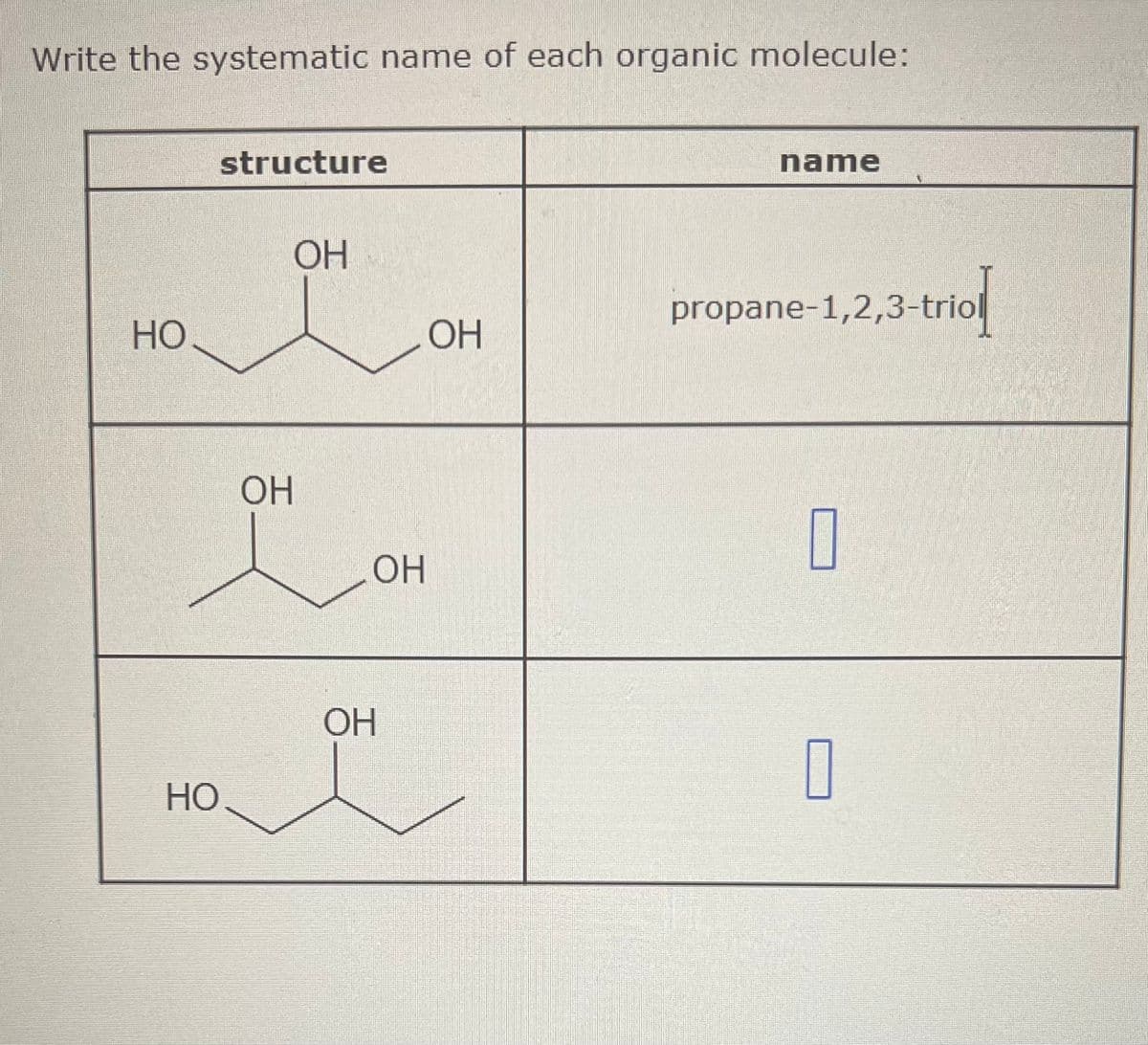 Write the systematic name of each organic molecule:
HO
structure
OH
OH
OH
OH
HO
name
propane-1,2,3-triol
OH