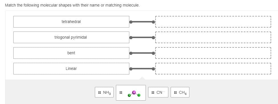 Match the following molecular shapes with their name or matching molecule.
tetrahedral
triogonal pyrimidal
bent
Linear
:: NH3
:: CN
: CH4
