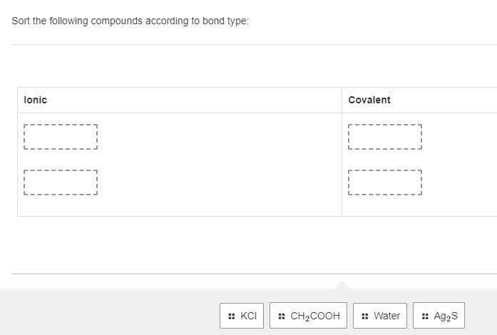 Sort the following compounds according to bond type:
lonic
Covalent
:: KCI
: CH2COOH
:: Water
:: Ag2S
