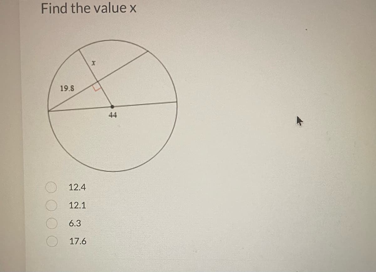 Find the value x
19.8
12.4
12.1
6.3
17.6
X
44