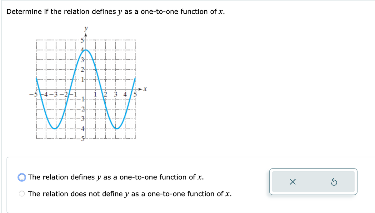 Determine if the relation defines y as a one-to-one function of x.
O The relation defines y as a one-to-one function of x.
The relation does not define y as a one-to-one function of x.
1.
