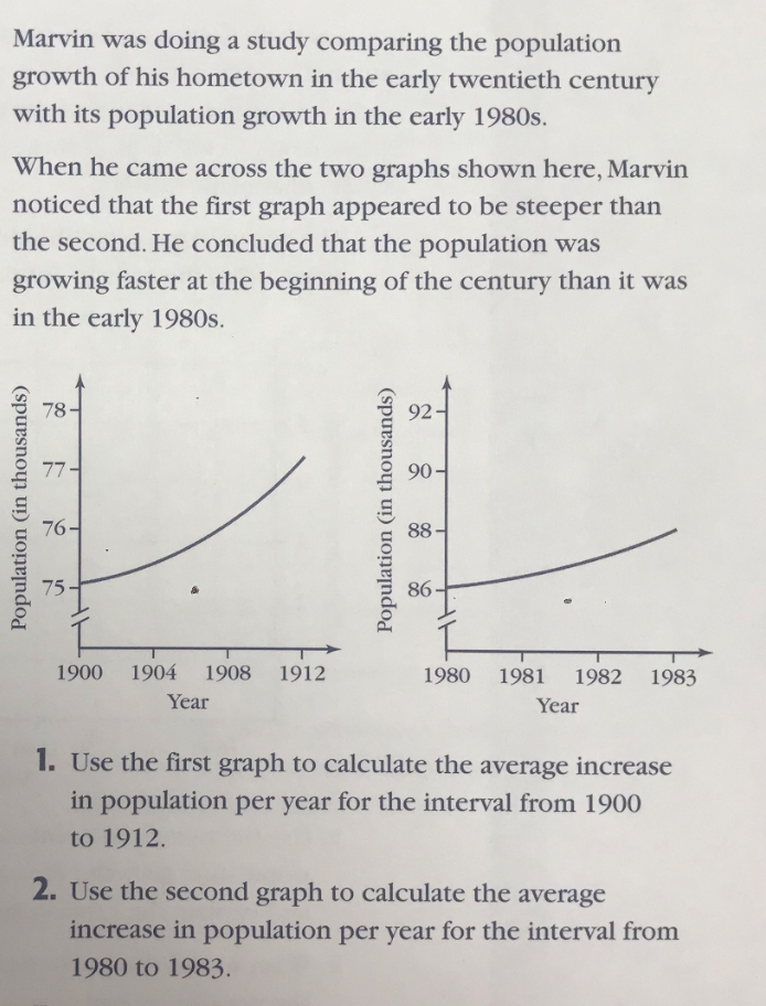 Marvin was doing a study comparing the population
growth of his hometown in the early twentieth century
with its population growth in the early 1980s.
When he came across the two graphs shown here, Marvin
noticed that the first graph appeared to be steeper than
the second. He concluded that the population was
growing faster at the beginning of the century than it was
in the early 1980s.
Population (in thousands)
78
77
T
76-
75
1900 1904 1908 1912
Year
Population (in thousands)
92
90-
88-
86
1980 1981 1982 1983
Year
1. Use the first graph to calculate the average increase
in population per year for the interval from 1900
to 1912.
2. Use the second graph to calculate the average
increase in population per year for the interval from
1980 to 1983.