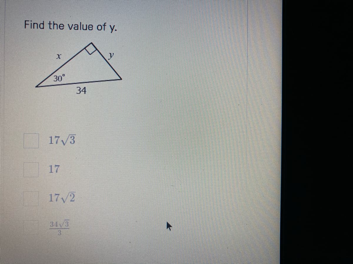 Find the value of y.
30°
34
17/3
17
17/2
34/3
