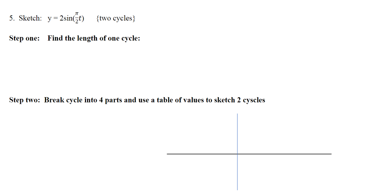 π
5. Sketch: y=2sin(t) {two cycles}
Step one: Find the length of one cycle:
Step two: Break cycle into 4 parts and use a table of values to sketch 2 cyscles