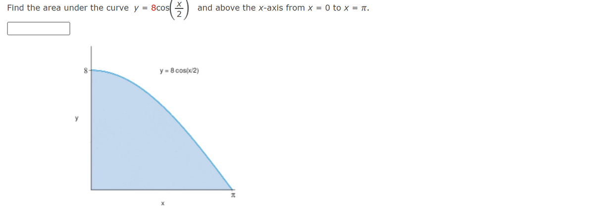 Find the area under the curve y = 8cos
y
8
X
2
and above the x-axis from x = 0 to x = π.
y = 8 cos(x/2)
T