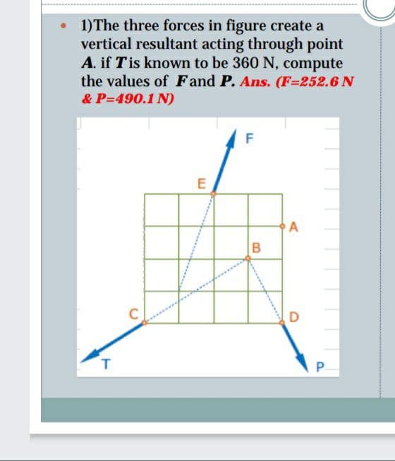 1)The three forces in figure create a
vertical resultant acting through point
A. if Tis known to be 360 N, compute
the values of Fand P. Ans. (F=252.6N
& P=490.1 N)
A
D
P.
