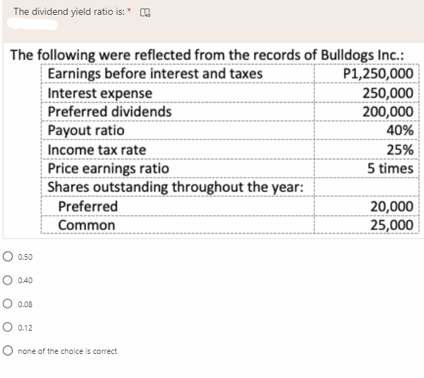 The dividend yield ratio is: * G
The following were reflected from the records of Bulldogs Inc.:
P1,250,000
250,000
200,000
Earnings before interest and taxes
Interest expense
Preferred dividends
Payout ratio
40%
Income tax rate
25%
Price earnings ratio
Shares outstanding throughout the year:
5 times
Preferred
20,000
25,000
Common
O 0.50
O 0.40
O 0.08
O 0.12
O none of the choice is correct
