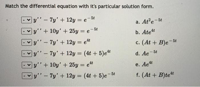 Match the differential equation with it's particular solution form.
-
y'-7y'+ 12y = e-5t
%3D
a. At'e-5t
= e-5t
-Yy" - 7y' + 12y = et
y'' + 10y' + 25y = e'
b. Atet
%3D
c. (At + B)e-5t
y"-7y'+ 12y = (4t + 5)et
d. Ae 5t
- - y"+ 10y'+ 25y = e"
e. Aet
y-7y' + 12y = (4t + 5)e-5t
f. (At + B)te"
