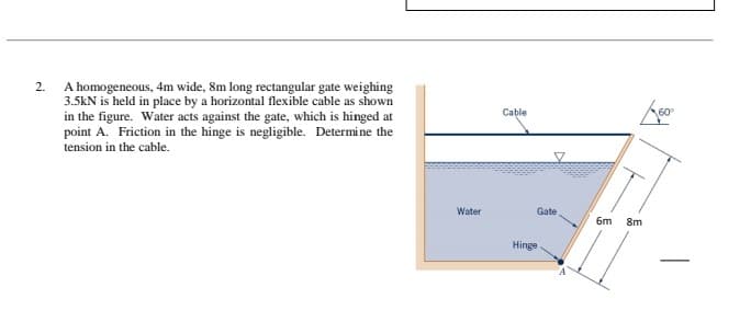 2.
A homogeneous, 4m wide, 8m long rectangular gate weighing
3.5kN is held in place by a horizontal flexible cable as shown
in the figure. Water acts against the gate, which is hinged at
point A. Friction in the hinge is negligible. Determine the
tension in the cable.
Cable
60
Water
Gate
6m
8m
Hinge
