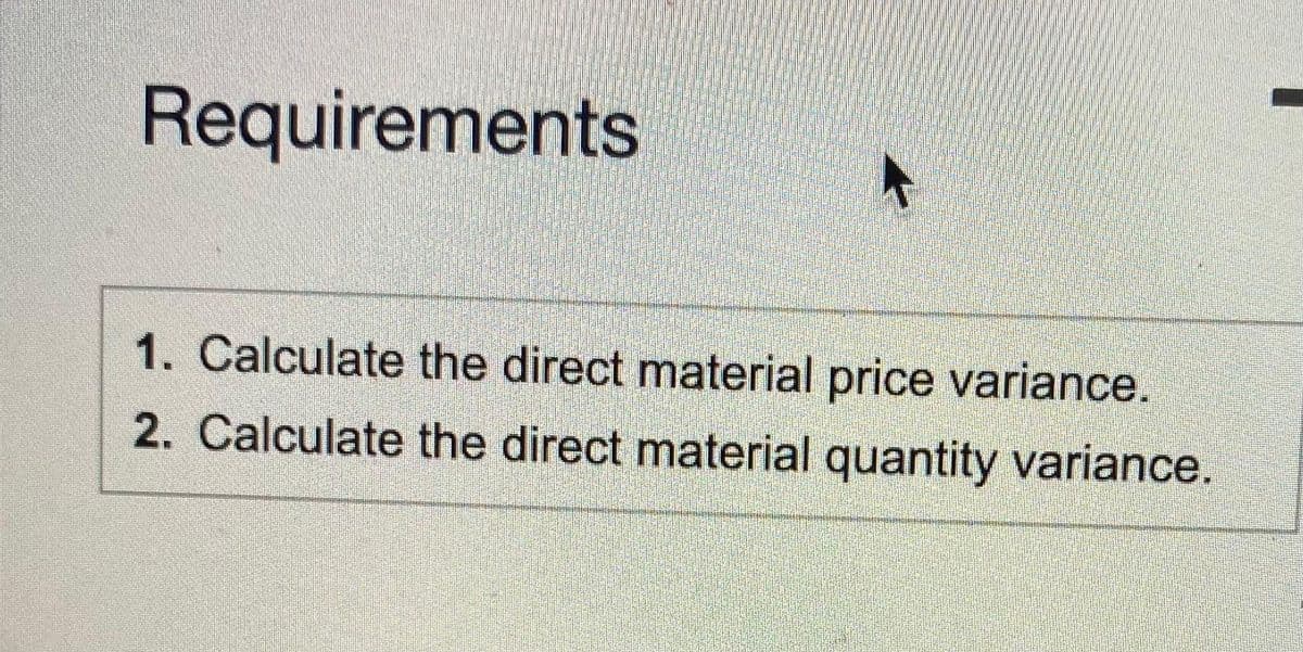 Requirements
1. Calculate the direct material price variance.
2. Calculate the direct material quantity variance.