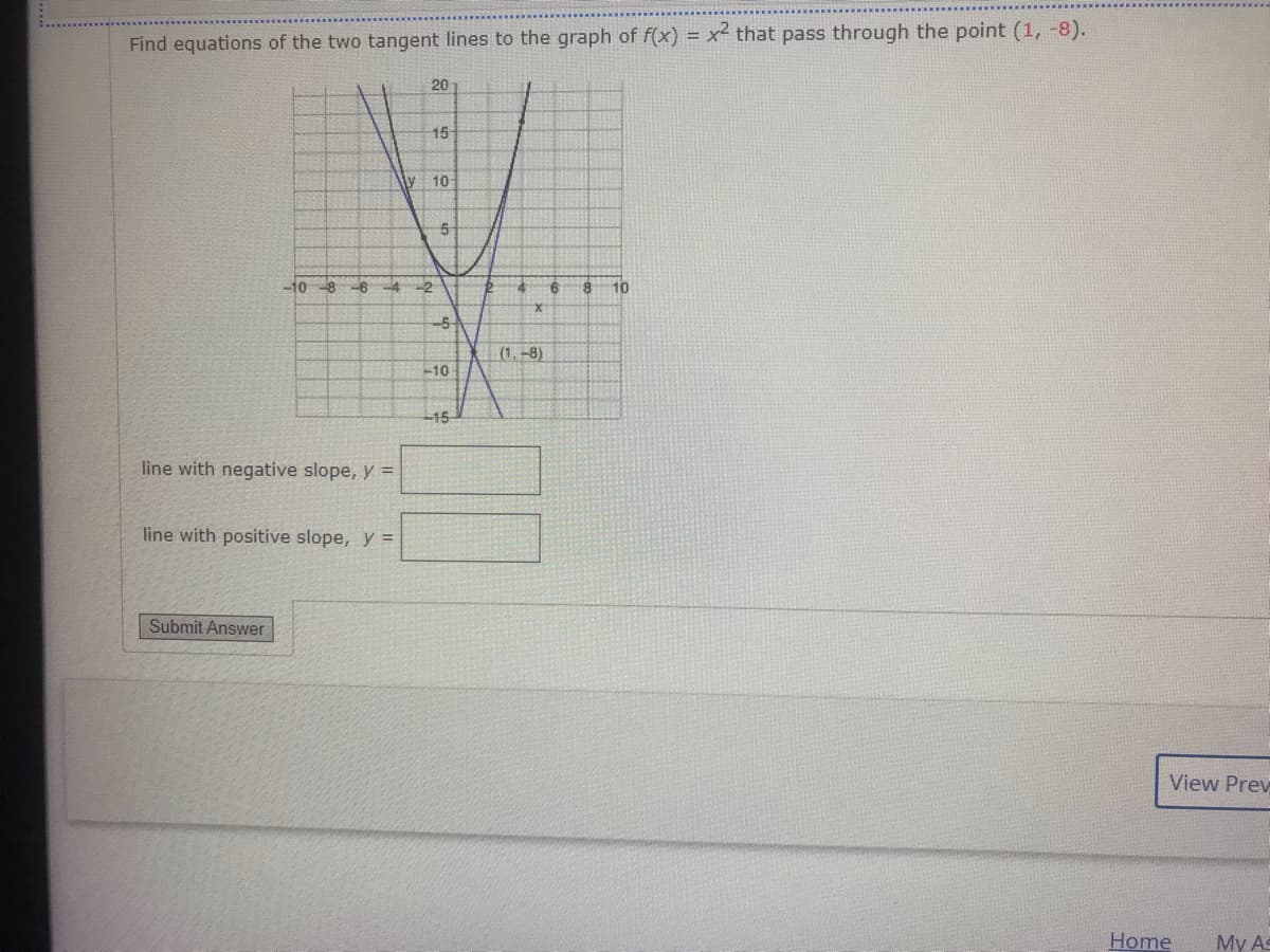 Find equations of the two tangent lines to the graph of f(x) = x² that pass through the point (1, -8).
20
15
10
5
-10
-6
10
(1,-8)
-10
-15
line with negative slope, y =
line with positive slope, y =
Submit Answer
View Prev
Home
My As
