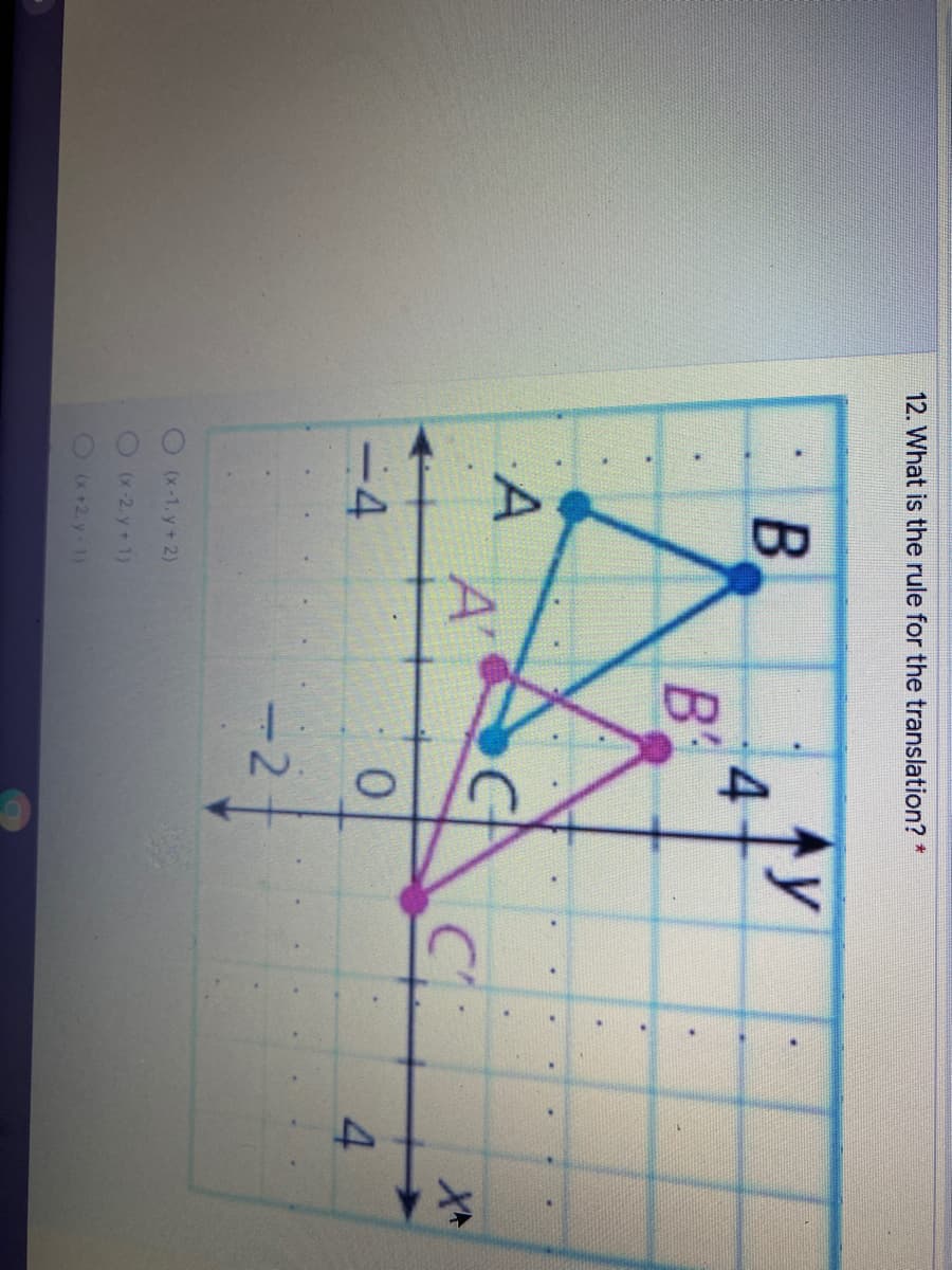 4
12. What is the rule for the translation? *
ty
B
B
A'
-4
0.
-2
(x-1, y+ 2)
(x-2. y+ 1)
(x +2. y 1)
