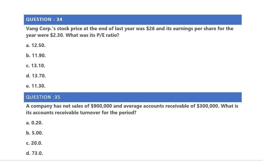 QUESTION : 34
Vang Corp.'s stock price at the end of last year was $26 and its earnings per share for the
year were $2.30. What was its P/E ratio?
a. 12.50.
b. 11.90.
c. 13.10.
d. 13.70.
e. 11.30.
QUESTION :35
A company has net sales of $900,000 and average accounts receivable of $300,000. What is
its accounts receivable turnover for the period?
a. 0.20.
b. 5.00.
c. 20.0.
d. 73.0.