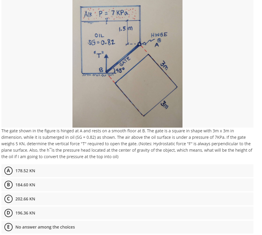 AIR . P = 7 KPä."
1.5 m
OIL
HINGE
SG = 0.82
A
TA
3m
The gate shown in the figure is hinged at A and rests on a smooth floor at B. The gate is a square in shape with 3m x 3m in
dimension, while it is submerged in oil (SG = 0.82) as shown. The air above the oil surface is under a pressure of 7KP.. If the gate
weighs 5 KN, determine the vertical force "T" required to open the gate. (Notes: Hydrostatic force "F" is always perpendicular to the
plane surface. Also, the h is the pressure head located at the center of gravity of the object, which means, what will be the height of
the oil if I am going to convert the pressure at the top into oil)
(A) 178.52 KN
B 184.60 KN
c) 202.66 KN
(D) 196.36 KN
(E) No answer among the choices
GATE
3m
