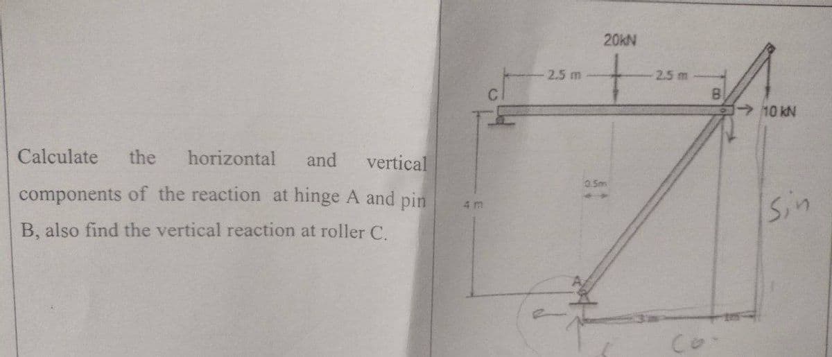 Calculate the horizontal and
vertical
components of the reaction at hinge A and pin
B, also find the vertical reaction at roller C.
4 m
2.5 m
20kN
0.5m
2.5 m
B
→10 kN
Sin