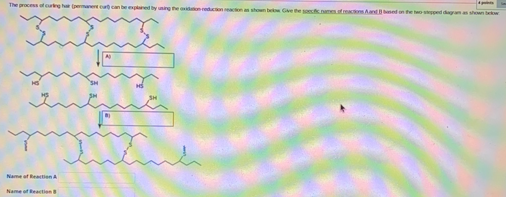 4 points
The process of curling hair (permanent curl) can be explained by using the axidation-reduction reaction as shown below. Give the specific names of reactions Aand B based on the two-stepped diagram as shown below:
A)
HS
SH
HS
B)
Name of Reaction A
Name of Reaction B
