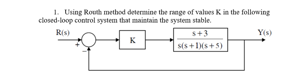 1. Using Routh method determine the range of values K in the following
closed-loop control system that maintain the system stable.
R(s)
s+3
s(s+1)(s+5)
K
Y(s)