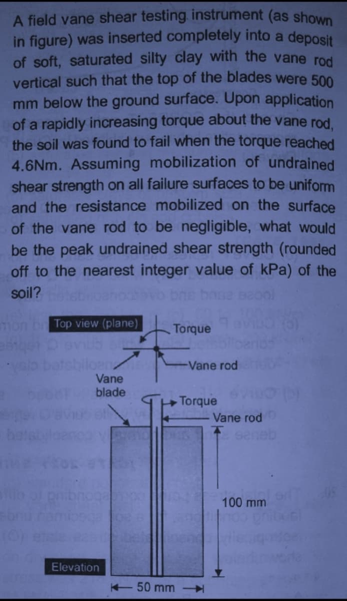 A field vane shear testing instrument (as shown
in figure) was inserted completely into a deposit
of soft, saturated silty clay with the vane rod
vertical such that the top of the blades were 500
mm below the ground surface. Upon application
of a rapidly increasing torque about the vane rod,
the soil was found to fail when the torque reached
4.6Nm. Assuming mobilization of undrained
shear strength on all failure surfaces to be uniform
and the resistance mobilized on the surface
of the vane rod to be negligible, what would
be the peak undrained shear strength (rounded
off to the nearest integer value of kPa) of the
soil?
mon br Top view (plane)
Torque
yeb betshiloer
Vane
blade
Vane rod
Torque
Vane rod
seneb
100 mm
Elevation
50 mm
