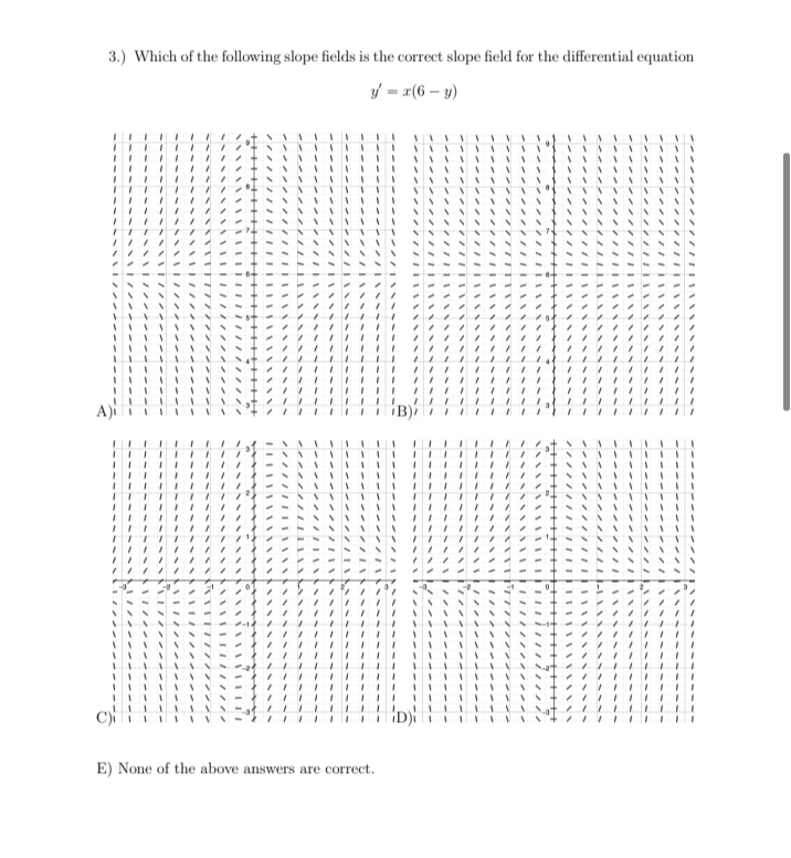 3.) Which of the following slope fields is the correct slope field for the differential equation
f = r(6 – y)
C)
E) None of the above answers are correct.
