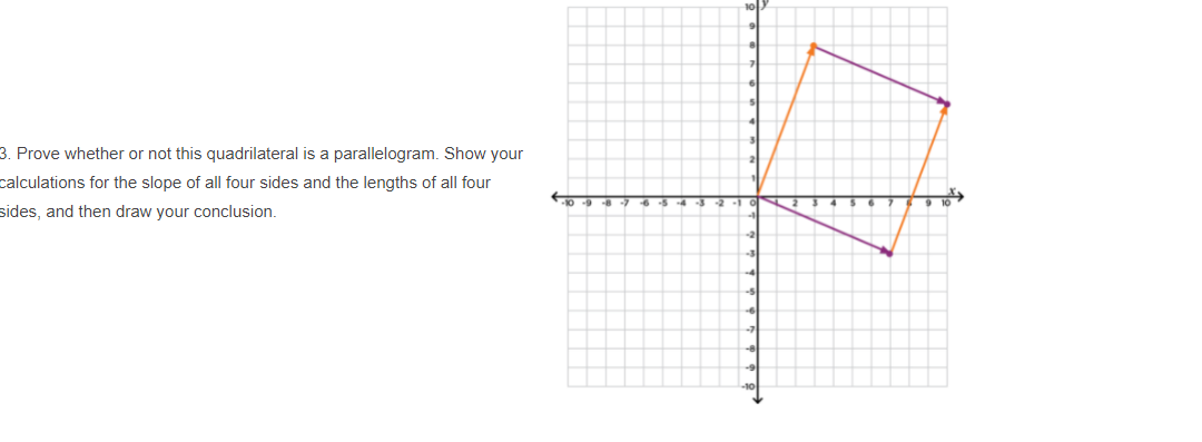 10
3. Prove whether or not this quadrilateral is a parallelogram. Show your
calculations for the slope of all four sides and the lengths of all four
sides, and then draw your conclusion.
