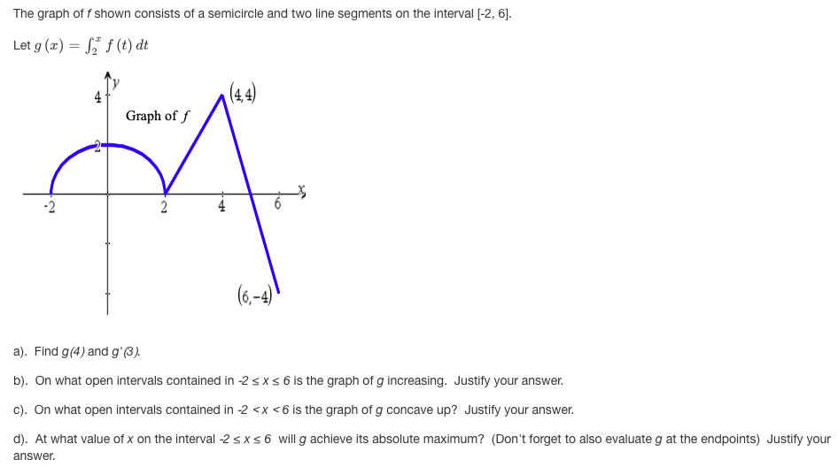 The graph of f shown consists of a semicircle and two line segments on the interval [-2, 6].
Let g (x) = S" f (t) dt
(4,4)
Graph of f
-2
4
(6,-4)
a). Find g(4) and g'(3).
b). On what open intervals contained in -2 s xs 6 is the graph of g increasing. Justify your answer.
c). On what open intervals contained in -2 <x <6 is the graph of g concave up? Justify your answer.
d). At what value of x on the interval -2 sxs 6 will g achieve its absolute maximum? (Don't forget to also evaluate g at the endpoints) Justify your
answer.
