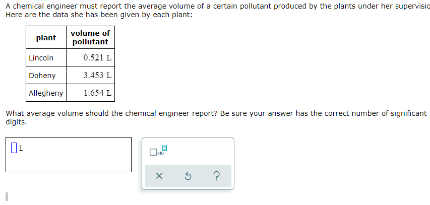 A chemical engineer must report the average volume of a certain pollutant produced by the plants under her supervisio
Here are the data she has been given by each plant:
volume of
plant
pollutant
Lincoln
0.521 L
Doheny
3.453 L
Allegheny
1.654 L
What average volume should the chemical engineer report? Be sure your answer has the correct number of significant
digits.
x10
?
