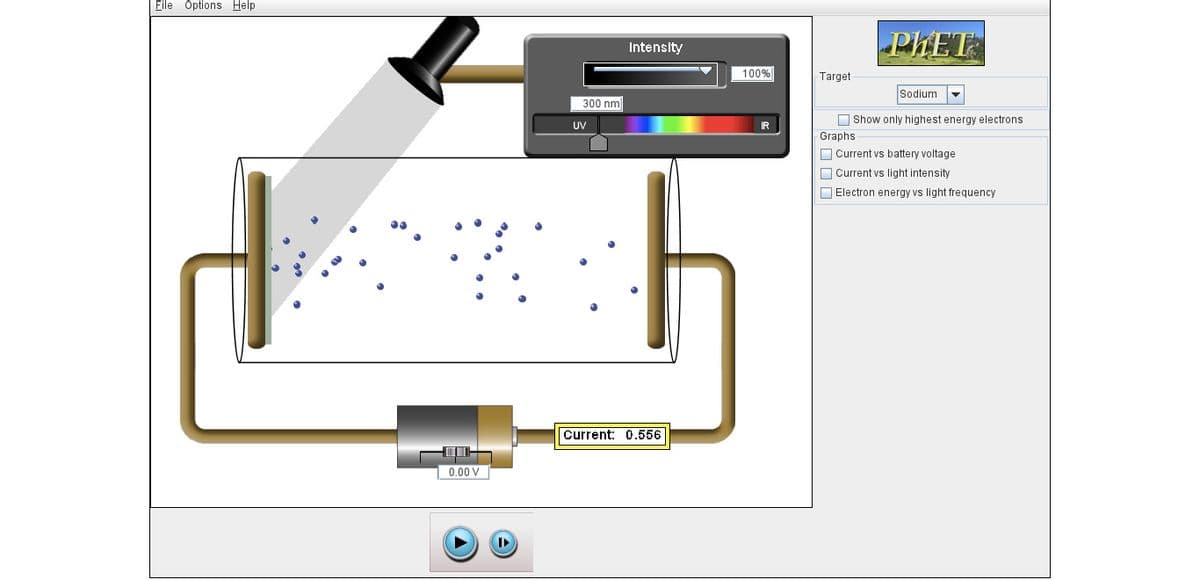 File Options Help
PHET
Intensity
100%|
Target
Sodium
300 nm
O Show only highest energy electrons
UV
IR
Graphs
O Current vs battery voltage
O Current vs light intensity
O Electron energy vs light frequency
current: 0.556
0.00 V
