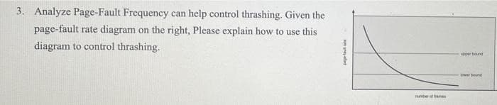 3. Analyze Page-Fault Frequency can help control thrashing. Given the
page-fault rate diagram on the right, Please explain how to use this
diagram to control thrashing.
pa
ber of
per bound
lower bound