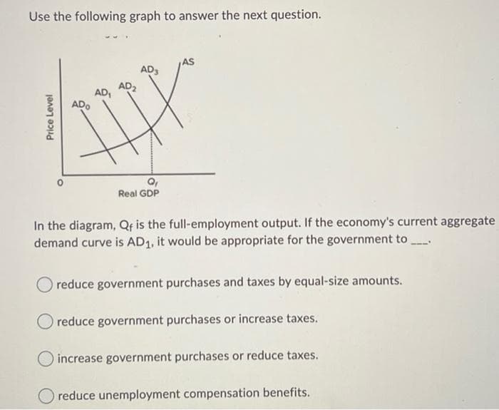 Use the following graph to answer the next question.
Price Level
AS
AD3
AD₂
AD₁
ADO
IX
Q₁
Real GDP
In the diagram, Qf is the full-employment output. If the economy's current aggregate
demand curve is AD₁, it would be appropriate for the government to_
reduce government purchases and taxes by equal-size amounts.
reduce government purchases or increase taxes.
increase government purchases or reduce taxes.
reduce unemployment compensation benefits.