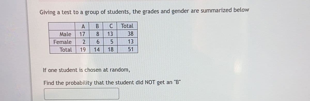 Giving a test to a group of students, the grades and gender are summarized below
A
B
17 8
Male
Female 2 6
C
13
5
Total 19 14 18
Total
38
13
51
If one student is chosen at random,
Find the probability that the student did NOT get an "B"