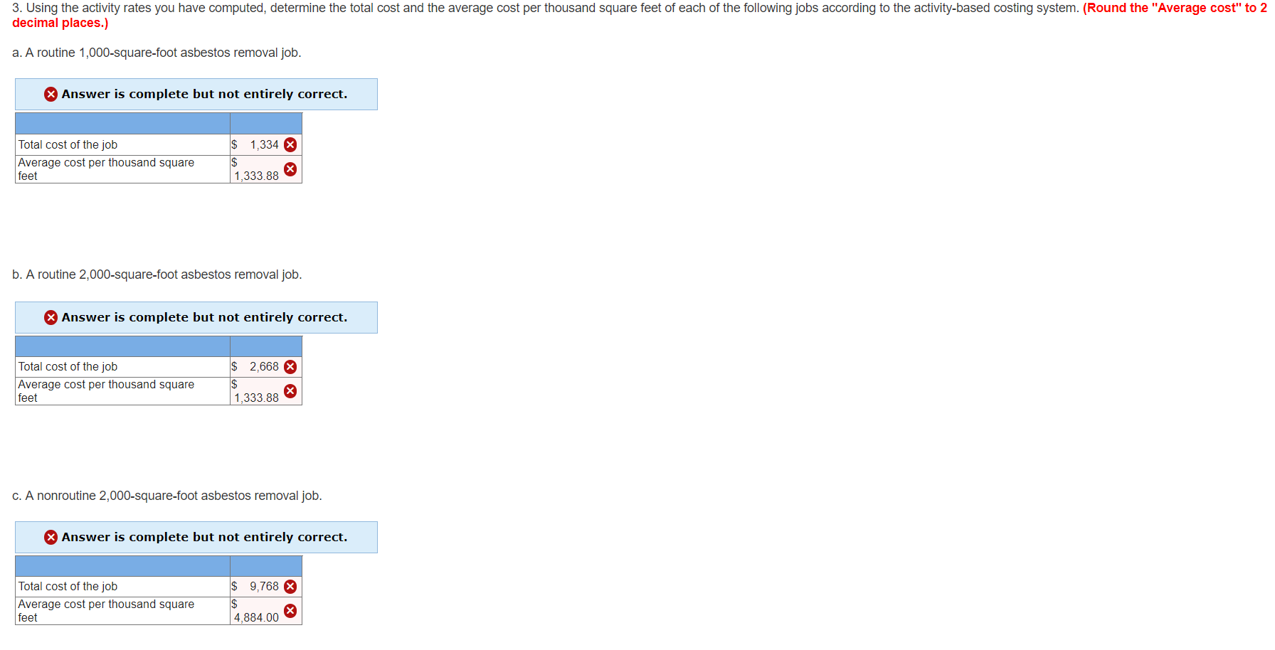 3. Using the activity rates you have computed, determine the total cost and the average cost per thousand square feet of each of the following jobs according to the activity-based costing system. (Round the "Average cost" to 2
decimal places.)
a. A routine 1,000-square-foot asbestos removal job.
Answer is complete but not entirely correct.
1,334 X
Total cost of the job
Average cost per thousand square
feet
X
1,333.88
b. A routine 2,000-square-foot asbestos removal job.
Answer is complete but not entirely correct.
Total cost of the job
2.668
Average cost per thousand square
feet
$
1,333.88
c. A nonroutine 2,000-square-foot asbestos removal job.
Answer is complete but not entirely correct.
$ 9,768
Total cost of the job
Average cost per thousand square
feet
X
4,884.00
