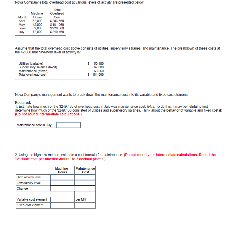 Nova Company's total overhead cost at various levels of activity are presented below
Total
Overhead
Machine-
Month
Hours
Cost
April
May
June
52,000
42,000
62,000
72,000
$203,860
$181,060
$226,660
$249,460
July
Assume that the total overhead cost above consists of utilities, supervisory salaries, and maintenance. The breakdown of these costs at
the 42,000 machine-hour level of activity is:
Utilities (variable)
Supervisory salaries (fixed)
Maintenance (mixed)
Total overhead cost
S
50,400
67,000
63.660
181,060
Nova Company's management wants to break down the maintenance cost into its variable and fixed cost elements
Required:
1. Estimate how much of the $249,460 of overhead cost in July was maintenance cost. (Hint: To do this, it may be helpful to first
determine how much of the $249,460 consisted of utilities and supervisory salaries. Think about the behavior of variable and fixed costs!)
(Do not round intermediate calculations.)
Maintenance cost in July
2. Using the high-low method, estimate a cost formula for maintenance. (Do not round your intermediate calculations. Round the
"Variable cost per machine-hours" to 2 decimal places.)
Maintenance
Cost
Machine-
Hours
High activity level
Low activity level
Change
Variable cost element
per MH
Fixed cost element
