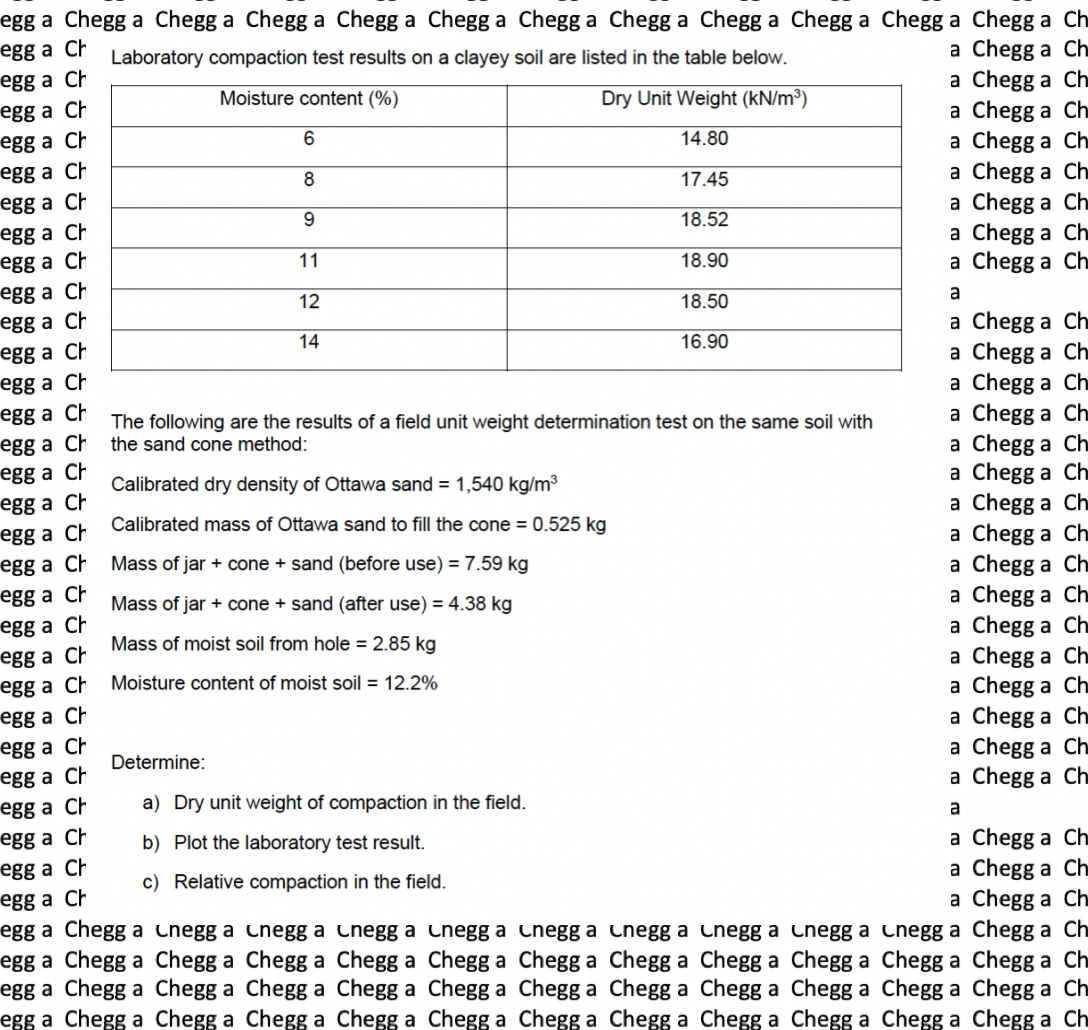 egg a Chegg a Chegg a Chegg a Chegg a Chegg a Chegg a Chegg a Chegg a Chegg a Chegg a Chegg a Ch
egg a Ch
egg a Ch
Laboratory compaction test results on a clayey soil are listed in the table below.
a Chegg a Ch
a Chegg a Ch
a Chegg a Ch
a Chegg a Ch
a Chegg a Ch
a Chegg a Ch
a Chegg a Ch
a Chegg a Ch
Moisture content (%)
egg a Ch
Dry Unit Weight (kN/m³)
egg a Ch
egg a Ch
6
14.80
17.45
egg a Ch
egg a Ch
egg a Ch
9.
18.52
11
18.90
egg a Ch
egg a Ch
egg a Ch
12
18.50
a
a Chegg a Ch
a Chegg a Ch
a Chegg a Ch
a Chegg a Ch
a Chegg a Ch
a Chegg a Ch
a Chegg a Ch
a Chegg a Ch
a Chegg a Ch
a Chegg a Ch
a Chegg a Ch
a Chegg a Ch
a Chegg a Ch
a Chegg a Ch
a Chegg a Ch
a Chegg a Ch
14
16.90
egg a Ch
egg a Ch
egg a Ch
egg a Ch
egg a Ch
egg a Ch
egg a Ch
The following are the results of a field unit weight determination test on the same soil with
the sand cone method:
Calibrated dry density of Ottawa sand = 1,540 kg/m³
Calibrated mass of Ottawa sand to fill the cone = 0.525 kg
Mass of jar + cone + sand (before use) = 7.59 kg
egg a Ch
Mass of jar + cone + sand (after use) = 4.38 kg
egg a Ch
egg a Ch
egg a Ch
egg a Ch
egg a Ch
egg a Ch
egg a Ch
egg a Ch
egg a Ch
egg a Ch
egg a Chegg a cnegg a Cnegg a Chegg a Cnegg a unegg a cnegg a unegg a unegg a Chegg a Chegg a Ch
egg a Chegg a Chegg a Chegg a Chegg a Chegg a Chegg a Chegg a Chegg a Chegg a Chegg a Chegg a Ch
egg a Chegg a Chegg a Chegg a Chegg a Chegg a Chegg a Chegg a Chegg a Chegg a Chegg a Chegg a Ch
egg a Chegg a Chegg a Chegg a Chegg a Chegg a Chegg a Chegg a Chegg a Chegg a Chegg a Chegg a Ch
Mass of moist soil from hole = 2.85 kg
Moisture content of moist soil = 12.2%
Determine:
a) Dry unit weight of compaction in the field.
a
b) Plot the laboratory test result.
a Chegg a Ch
a Chegg a Ch
a Chegg a Ch
c) Relative compaction in the field.
