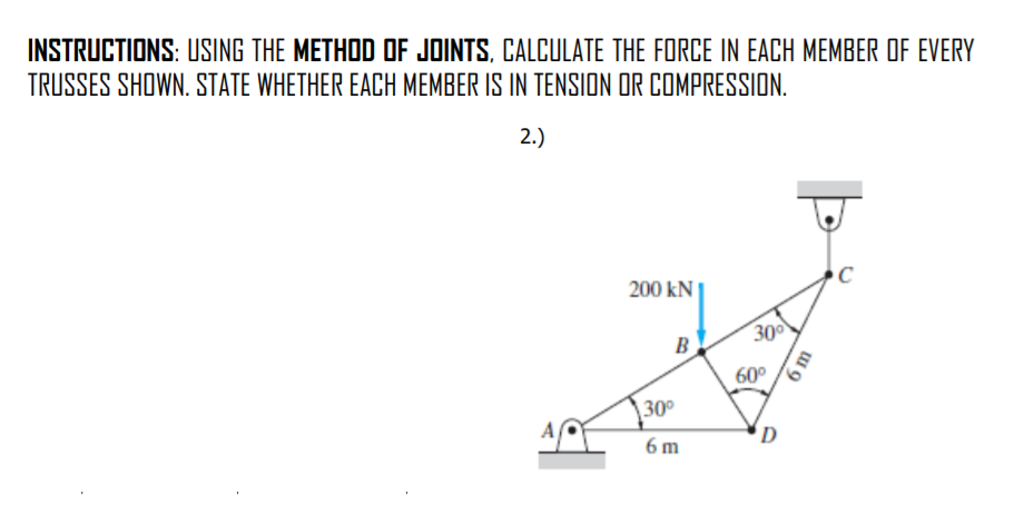 INSTRUCTIONS: USING THE METHOD OF JOINTS, CALCULATE THE FORCE IN EACH MEMBER OF EVERY
TRUSSES SHOWN. STATE WHETHER EACH MEMBER IS IN TENSION OR COMPRESSION.
2.)
200 kN
30
B
60°
30°
6 m
