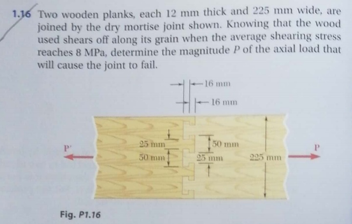 1.16 Two wooden planks, each 12 mm thick and 225 mm wide, are
joined by the dry mortise joint shown. Knowing that the wood
used shears off along its grain when the average shearing stress
reaches 8 MPa, determine the magnitude P of the axial load that
will cause the joint to fail.
16 mm
16 mm
25 mm
50 mm
Pl
P'
50 mm
25 mm
295 mm
Fig. P1.16
