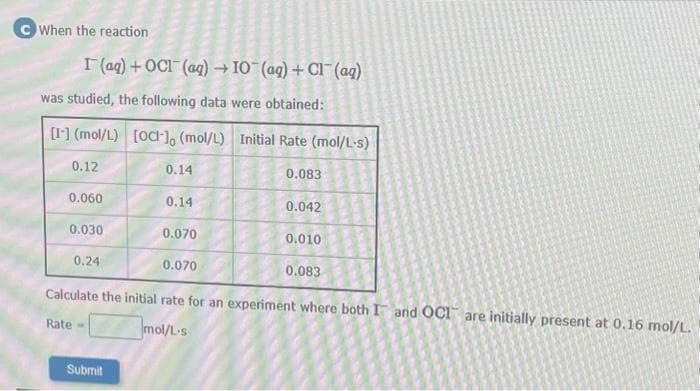 CWhen the reaction
I (aq) + OCI (aq) → 10(ag) + Cl(aq)
was studied, the following data were obtained:
[1] (mol/L) [OCI-], (mol/L) Initial Rate (mol/L-s)
0.12
0.060
0.030
0.24
0.14
Submit
0.14
0.070
0.083
0.070
Calculate the initial rate for an experiment where both I and OCI are initially present at 0.16 mol/L.
Rate
mol/L.s
0.042
0.010
0.083