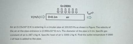 V(m/s)
V(m/s)
Q=2000
IIIIII
air
D-0.1m
Air at (3.15x102) K is entering in a circular pipe at 101325 Pa as shown in Figure. The velocity of
the air at the pipe entrance is (2.000x100) m/s. The diameter of the pipe is 0.1m. Specific gas
constant of air is 287 3/kg-K. Specific heat of air is 1000 1/kg-K Find the outlet temperature i 2000
J of heat is added to the pipe.