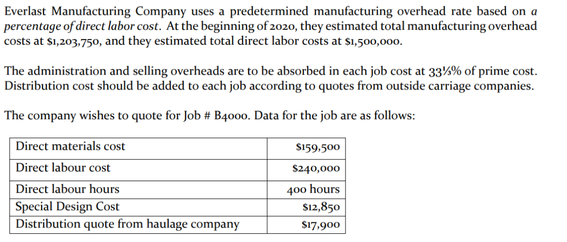 Everlast Manufacturing Company uses a predetermined manufacturing overhead rate based on a
percentage of direct labor cost. At the beginning of 2020, they estimated total manufacturing overhead
costs at $1,203,750, and they estimated total direct labor costs at $1,500,000.
The administration and selling overheads are to be absorbed in each job cost at 33½% of prime cost.
Distribution cost should be added to each job according to quotes from outside carriage companies.
The company wishes to quote for Job # B4000. Data for the job are as follows:
Direct materials cost
$159,500
Direct labour cost
$240,000
400 hours
$12,850
Direct labour hours
Special Design Cost
Distribution quote from haulage company
$17,900
