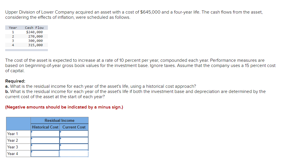 Upper Division of Lower Company acquired an asset with a cost of $645,000 and a four-year life. The cash flows from the asset,
considering the effects of inflation, were scheduled as follows.
Year Cash Flow
1
2
3
4
$240,000
270,000
300,000
315,000
The cost of the asset is expected to increase at a rate of 10 percent per year, compounded each year. Performance measures are
based on beginning-of-year gross book values for the investment base. Ignore taxes. Assume that the company uses a 15 percent cost
of capital.
Required:
a. What is the residual income for each year of the asset's life, using a historical cost approach?
b. What is the residual income for each year of the asset's life if both the investment base and depreciation are determined by the
current cost of the asset at the start of each year?
(Negative amounts should be indicated by a minus sign.)
Year 1
Year 2
Year 3
Year 4
Residual Income
Historical Cost Current Cost