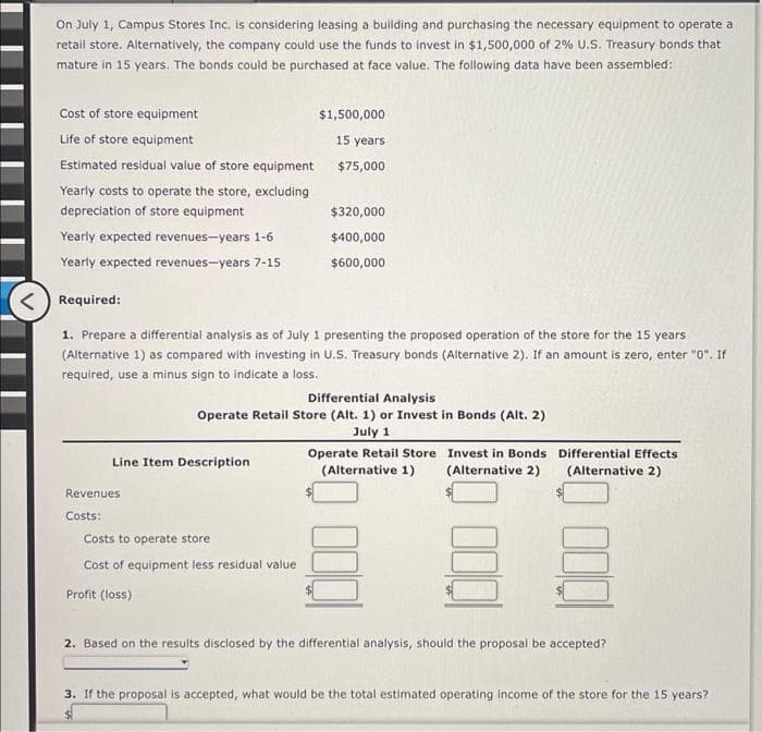 On July 1, Campus Stores Inc. is considering leasing a building and purchasing the necessary equipment to operate a
retail store. Alternatively, the company could use the funds to invest in $1,500,000 of 2% U.S. Treasury bonds that
mature in 15 years. The bonds could be purchased at face value. The following data have been assembled:
Cost of store equipment
Life of store equipment
Estimated residual value of store equipment
Yearly costs to operate the store, excluding
depreciation of store equipment
Yearly expected revenues-years 1-6
Yearly expected revenues-years 7-15
< Required:
1. Prepare a differential analysis as of July 1 presenting the proposed operation of the store for the 15 years
(Alternative 1) as compared with investing in U.S. Treasury bonds (Alternative 2). If an amount is zero, enter "0". If
required, use a minus sign to indicate a loss.
Line Item Description
Revenues
Costs:
$1,500,000
15 years
$75,000
$320,000
$400,000
$600,000
Differential Analysis
Operate Retail Store (Alt. 1) or Invest in Bonds (Alt. 2)
July 1
Costs to operate store
Cost of equipment less residual value
Profit (loss)
Operate Retail Store
(Alternative 1)
Invest in Bonds
(Alternative 2)
OT
Differential Effects
(Alternative 2)
2. Based on the results disclosed by the differential analysis, should the proposal be accepted?
3. If the proposal is accepted, what would be the total estimated operating income of the store for the 15 years?