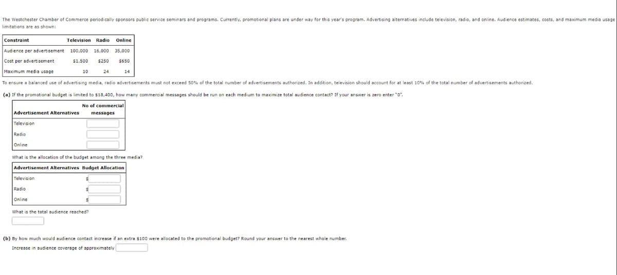 The Westchester Chamber of Commerce periodically sponsors public service seminars and programs, Currently, promotional plans are under way for this year's program. Advertising alternatives include television, radio, and online. Audience estimates, costs, and maximum media usage
limitations are as shown:
Constraint
Audience per advertisement
Cost per advertisement
Maximum media usage
To ensure a balanced use of advertising media, radio advertisements must not exceed 50% of the total number of advertisements authorized. In addition, television should account for at least 10% of the total number of advertisements authorized.
Advertisement Alternatives
Television
Radio
Television Radio Online
100,000 16,000 35,000
$1,500 $250 $650
(a) If the promotional budget is limited to $18,400, how many commercial messages should be run on each medium to maximize total audience contact? If your answer is zero enter "0".
No of commercial
messages
Online
Television
10
Radio
Online
24
What is the allocation of the budget among the three media?
Advertisement Alternatives Budget Allocation
S
14
What is the total audience reached?
(b) By how much would audience contact increase if an extra $100 were allocated to the promotional budget? Round your answer to the nearest whole number.
Increase in audience coverage of approximately