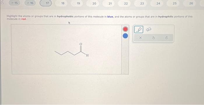 -15
16
17
18
19
me
20
H
21
22
23
24
25
Highlight the atoms or groups that are in hydrophobic portions of this molecule in blue, and the atoms or groups that are in hydrophilic portions of this
molecule in red.
26